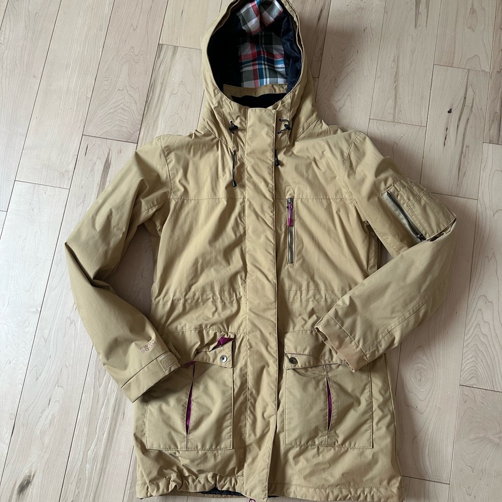 Tan Ski Jacket with Hood and Water-Resistant Fabric